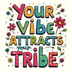 Bright and colorful design with the phrase “Your vibe attracts tribe” surrounded by flowers