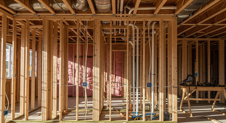 Interior shot of a residential home under construction Visible wooden framing, exposed insulation, and utility lines. Natural light highlights the structural bones of the house. In-progress, infrastru