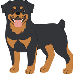 A happy Rottweiler dog stands with its tongue out and tail wagging against a transparent background