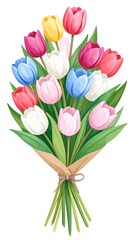 Obraz premium Bouquet of colorful tulips wrapped in craft paper and tied with twine, isolated