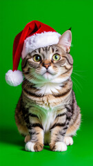 cute little cat with santa claus hat on green screen chroma key background