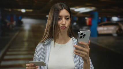 Young hispanic woman holding smartphone and creditcard with pouting lips in indoor parking garage;...