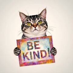 A friendly cat with green eyes proudly holds up a colorful sign that says Be Kind. The vibrant background is filled with stars and bubbles, creating a joyful atmosphere.