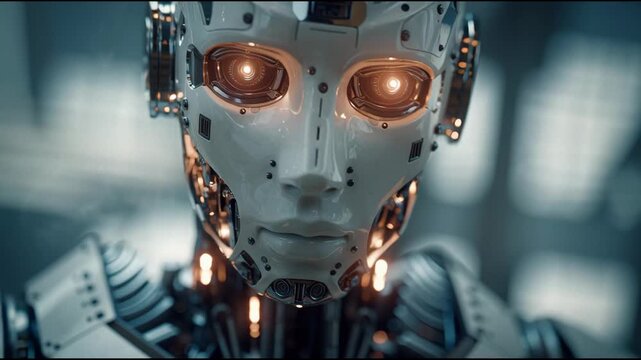 Advanced Humanoid Robot Face Close-up: AI Android with Glowing Mechanical Eyes and Futuristic Technology