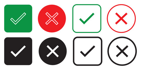 Tick, cross icon set. Yes or no symbol, approved or rejected icon for user interface. Green tick and red cross checkmarks. Right or wrong icons. Checkmark and x mark icon for apps and websites.