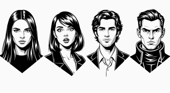 Vector illustration set of four stylish human face portraits, featuring men and women in a black and white comic art style