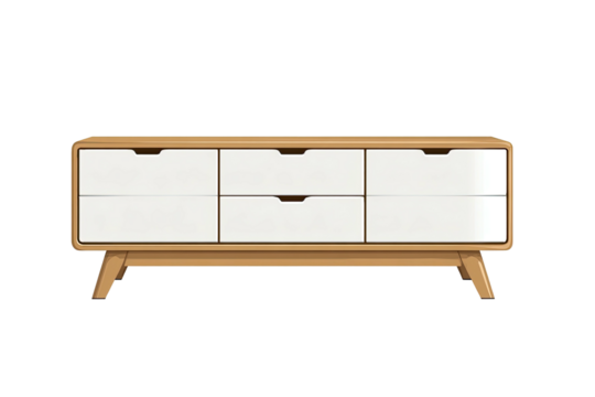 Mid-century modern low-profile dresser with four white drawers and light wood frame and legs