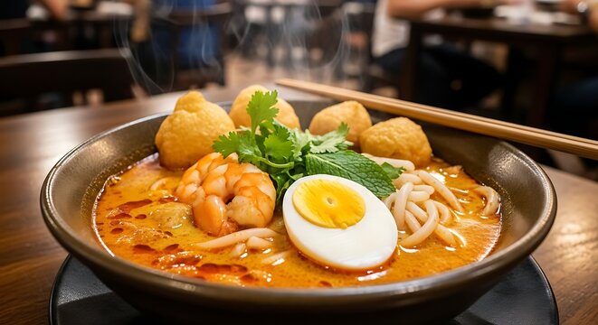 Delicious bowl of spicy laksa noodle soup with shrimp and egg