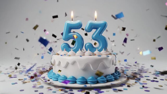 White and blue birthday cake with candle number 53. Solid white background with falling confetti. Video for 53rd birthday or anniversary party