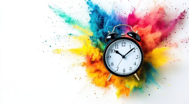 Colorful powder explosion surrounds a black alarm clock (2)