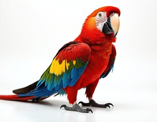 Naklejka premium Scarlet macaw portrait. Bright red parrot stands isolated. Colorful bird with yellow blue feathers. Studio shot of exotic pet on plain white backdrop. Wildlife avian beauty.