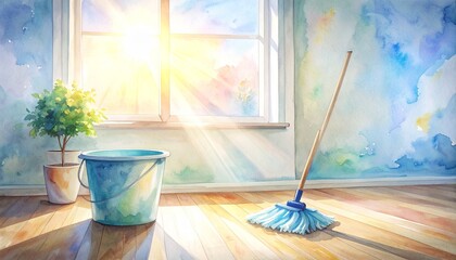 Mop and bucket with houseplant in a sunlit window creating a refreshing atmosphere for home cleaning