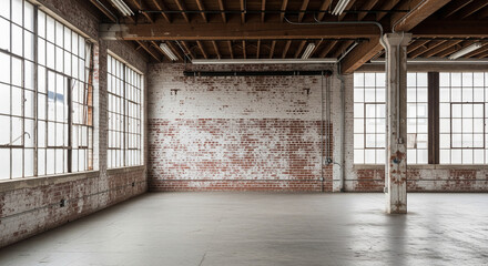  Empty industrial loft space with exposed brick walls, high ceilings, and large, gridded windows. The floor is concrete, suggesting a raw, versatile environment. Urban, creative potential, raw space. 