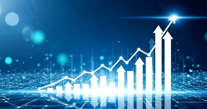 Digital graph showing upward trend with arrows and network background