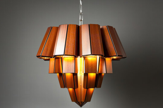 Warm wooden pendant chandelier with layered geometric panels emitting soft golden light, modern retro ambiance, elegant