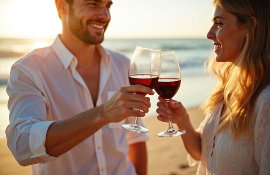 Young couple cheers with red wine glasses on sandy beach during sunset. Happy man and woman enjoy romantic seaside date, celebrating special moment, feeling love and bliss.