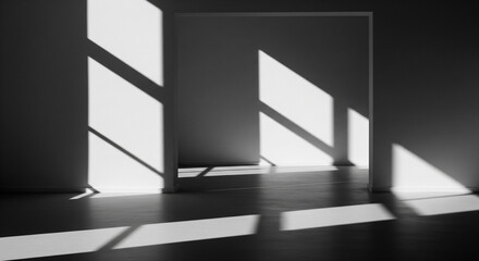 Abstract composition of strong, geometric shadows cast by windows and doorways onto the pristine, empty walls and floor of a room. Focus on the interplay of light and shadow, creating patterns. 
