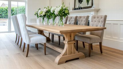 Classic oak dining table polished to perfection surrounded by upholstered chairs and floral centerpieces, bright elegant