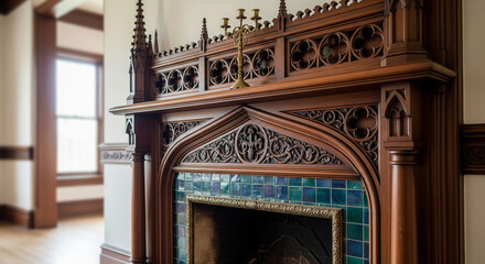  Close-up detail of a unique architectural feature in an empty room, such as an ornate fireplace, a stained-glass window, or intricate crown molding. The rest of the room is blurred, drawing attention