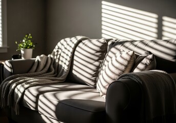 Obraz premium Sunlight streaming through blinds onto a couch with a blanket and pillows in a cozy living room area
