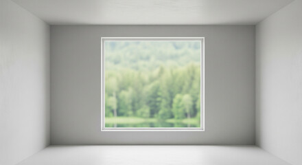 Minimalist bedroom with a large, empty window frame overlooking a serene, blurred natural landscape (e.g., green trees or a lake). The room is painted white, with clean lines and no furniture. 