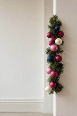 beautifully arranged christmas garland adorned with colorful ornaments rests against pristine white wall