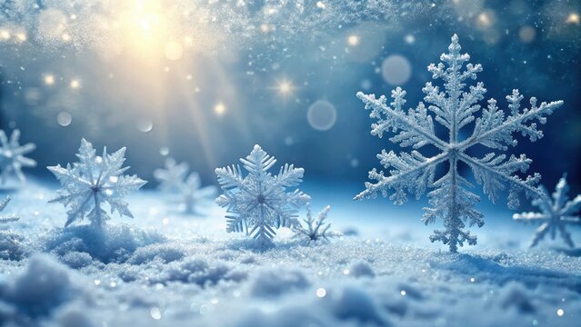 Detailed image of frosty winter morning with intricate snowflakes gently falling on a smooth surface