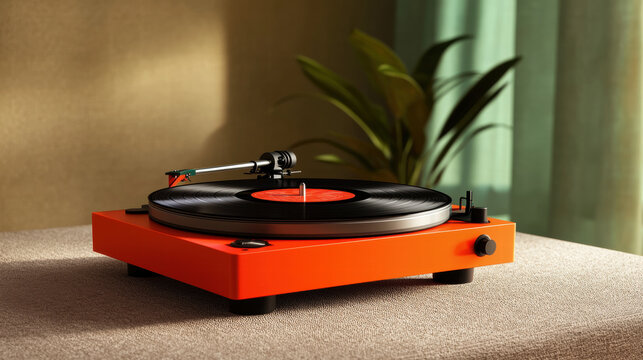 Classic vinyl record spinning on sleek modern turntable with warm light and leafy plant creating nostalgic mood