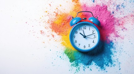 Blue alarm clock on colorful powder