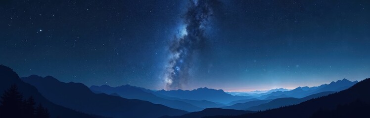 Fototapeta premium Dark blue night sky full of stars above mountain range. Milky Way galaxy shines brightly in cosmos, showing vastness of universe, distant nebula. Serene, peaceful nature landscape at night with