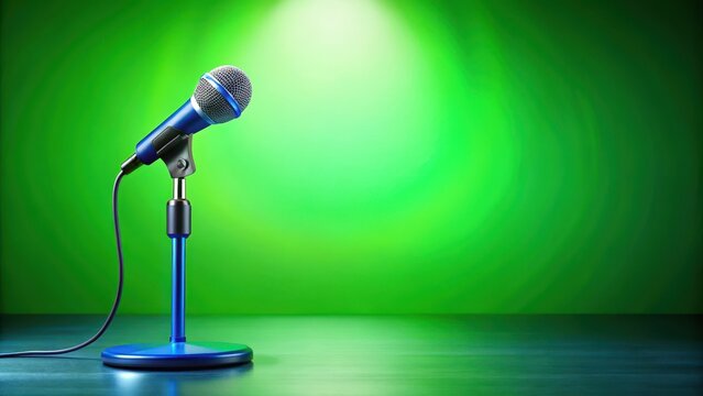 Electric blue microphone stand on a bright green stage background
