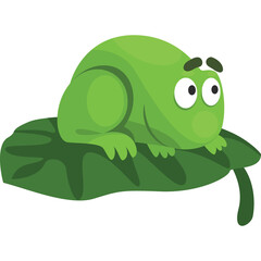 Cartoon Green Frog Sitting on a Large Green Leaf with Wide Eyes and Dark Eyelashes against a Transparent Background