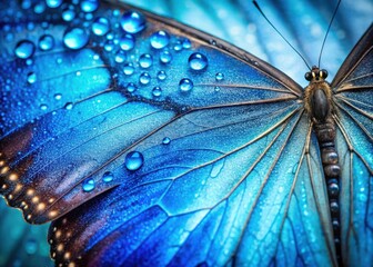 Fototapeta premium Close-up of a Blue Morpho Butterfly Wing with Water Droplets