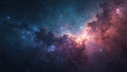 Obraz premium Cosmic nebula in deep space with vibrant colors. Bright stars, glowing gas clouds in shades of blue, purple, red. Celestial landscape with dark background, scattered stars. Beautiful cosmic scenery.