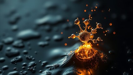 Fototapeta premium submicroscopic. A single, complex, glowing molecule emerges from a dark, primordial aqueous solution, symbolizing the spark of life. STEM education sheets.