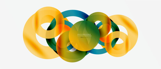 Abstract colorful circles overlap creating dynamic visual effect. Gradient shades blend smoothly, forming modern design element.