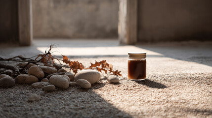 candle in jar rests on floor casting warm soft glow that enhances atmosphere