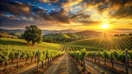 Vineyard at sunset with rolling hills and golden light filtering through the rows of grapes