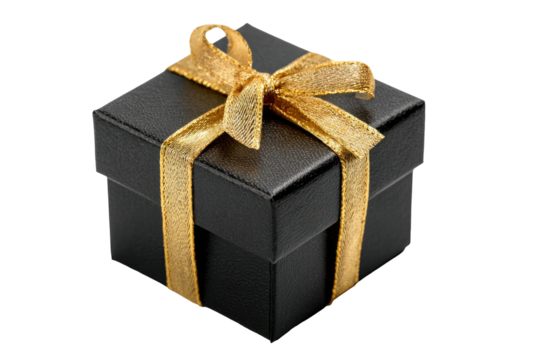 A small, square, black gift box adorned with a gold ribbon tied in a neat bow