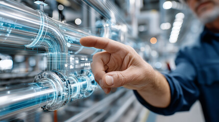 Clouse up Blurred industrial personnel with sharp detailed augmented reality overlay on complex tubing infrastructure, with copy space , 