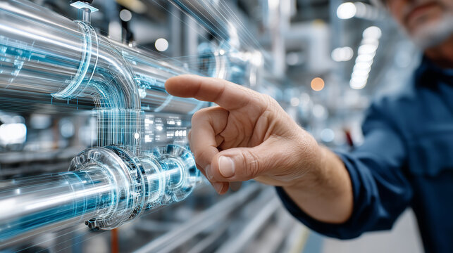 Clouse up Blurred industrial personnel with sharp detailed augmented reality overlay on complex tubing infrastructure, with copy space , 