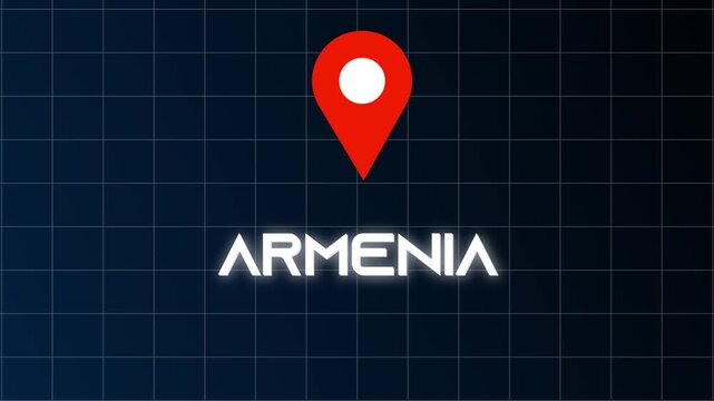 Radiant Armenia geolocation neon icon animation illuminating softly on a pure black background with futuristic mapping.