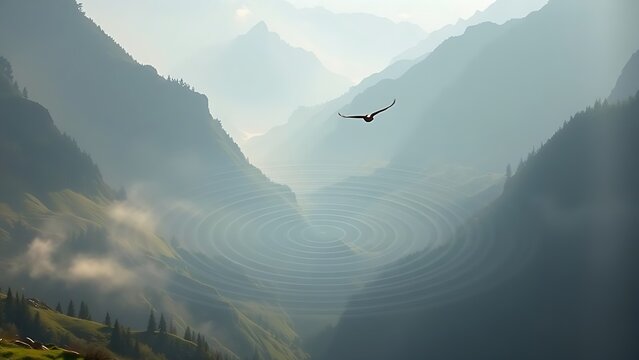 infrasound. Mountain valley with concentric sound ripples in air, a bird in flight creating acoustic patterns through morning mist. travel magazines.