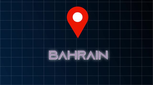 Energetic Bahrain geolocation neon icon glowing in animated style on a dark black background for digital maps.