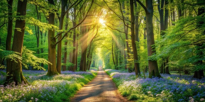 A forest path winds through trees covered in vibrant green foliage and blooming flowers