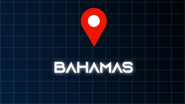 Glowing Bahamas neon location marker animation over deep black background with modern geolocation styling.