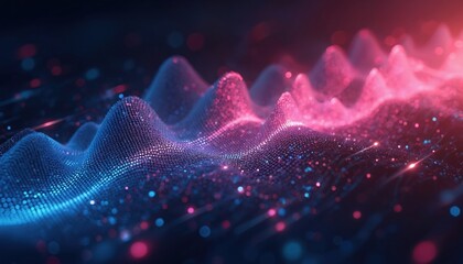 Abstract digital sound equalizer shows glowing wave-like pattern. Bright blue, pink particles form dynamic peaks, representing data visualization. Modern tech background suggests music, network,