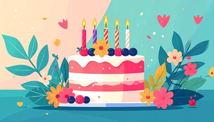 A whole anniversary or birthday cake lavishly decorated with flowers, berries, and burning candles