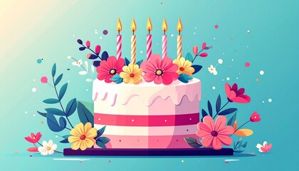 A whole anniversary or birthday cake lavishly decorated with flowers, berries, and burning candles