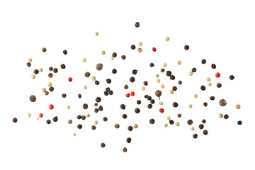 Dried mixed pepper flying isolated on white background. Aromatic spicy ingredient for cuisine.